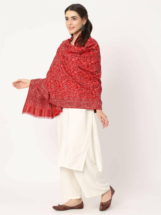 Red Pure Wool Kani Multiweave Shawl for women - HalfPe