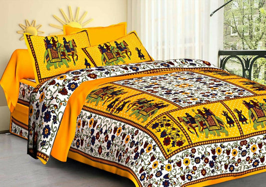 Jaipuri Flat Printed 100% Pure Cotton Double Bedsheet with 2 Pillow Covers - HalfPe