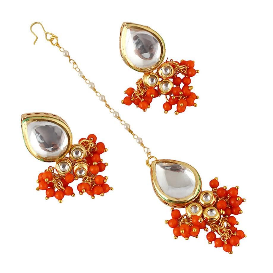 500 LUCKY JEWELLERY Back Meenakari 18k Gold Plated Orange Color Tika Earring Combo Uncut Big Faux Kundan Choker Necklace set with large stones - HalfPe