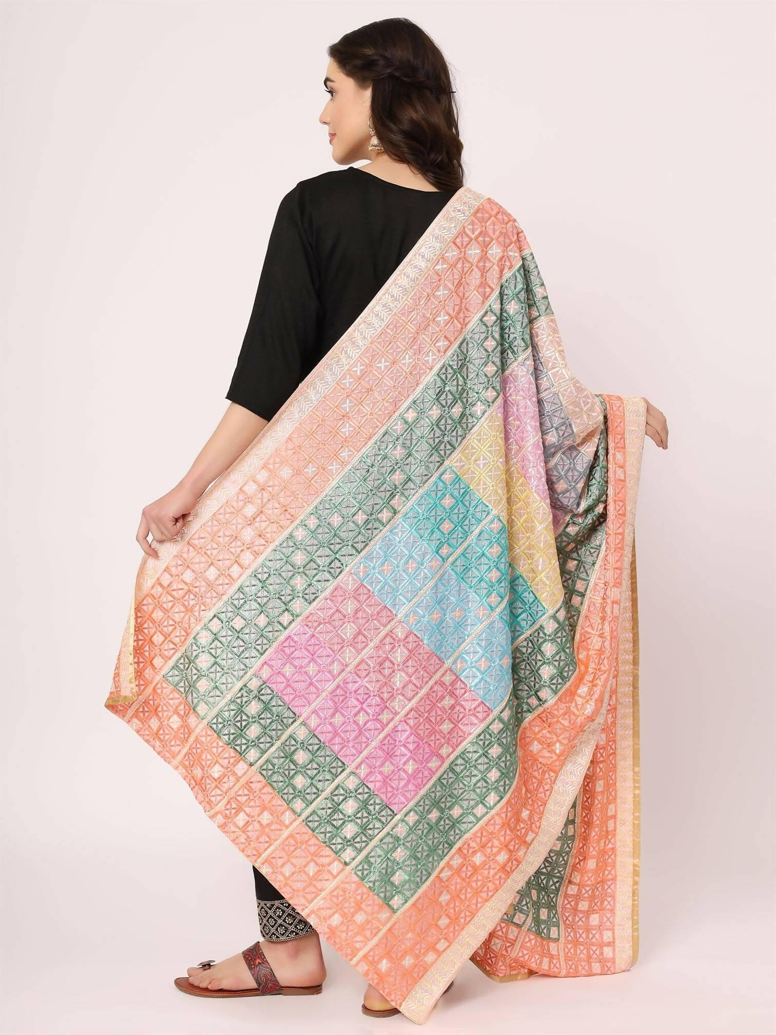 Pastel Colours Embroidery Phulkari Dupatta - HalfPe