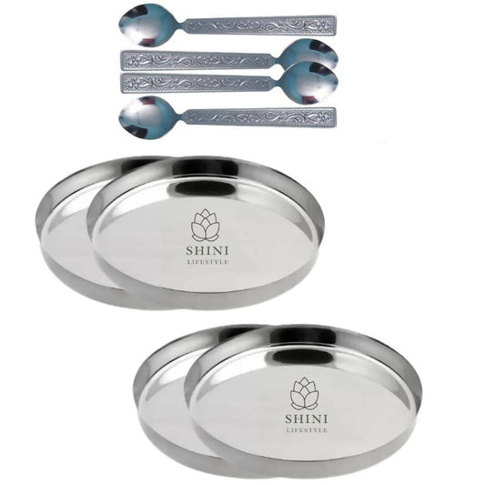 SHINI LIFESTYLE Stainless Steel Lunch Plates with Table Spoon Set (8) - HalfPe