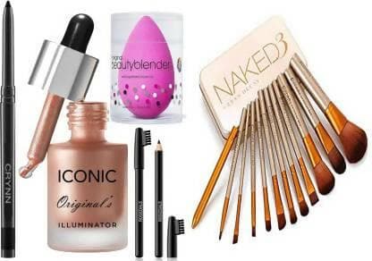 Crynn Rosedale Pro Kajal & Iconic Shine Illuminator Highlighter & Glazed Glam Black Eyebrow Pencil & Beauty Blender Sponge Puff - HalfPe