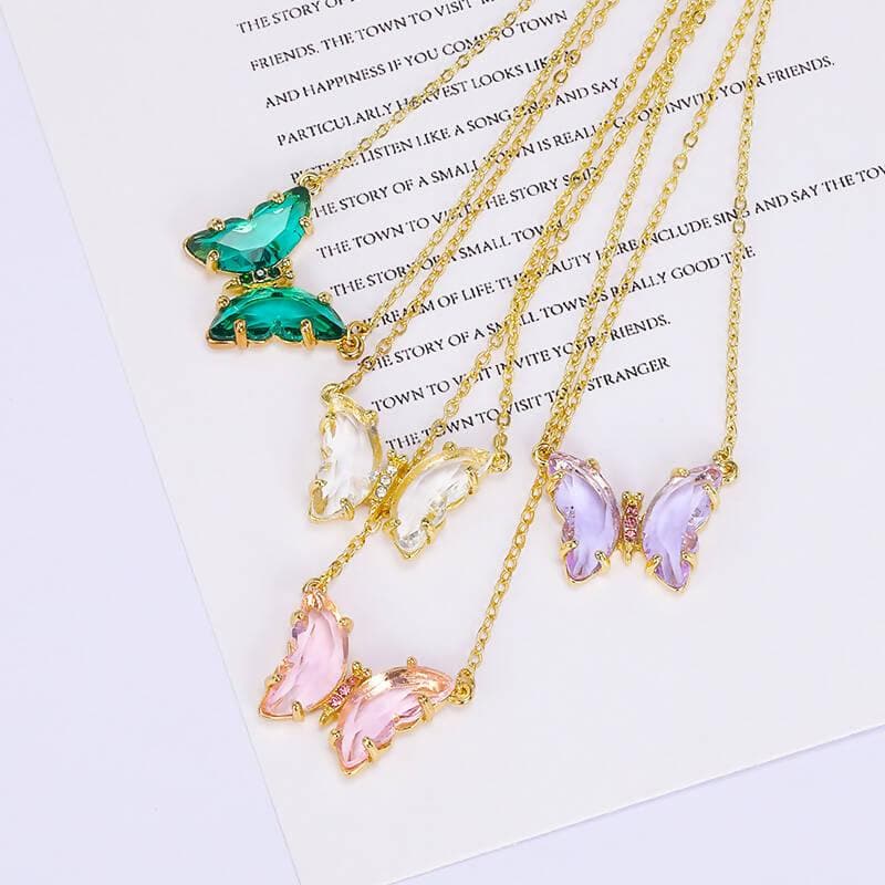 Pinapes Lovely Gold Plated Purple , Pink and Turquoise Blue Crystal Butterfly Pendant Necklace for Women (Set of 4) - HalfPe