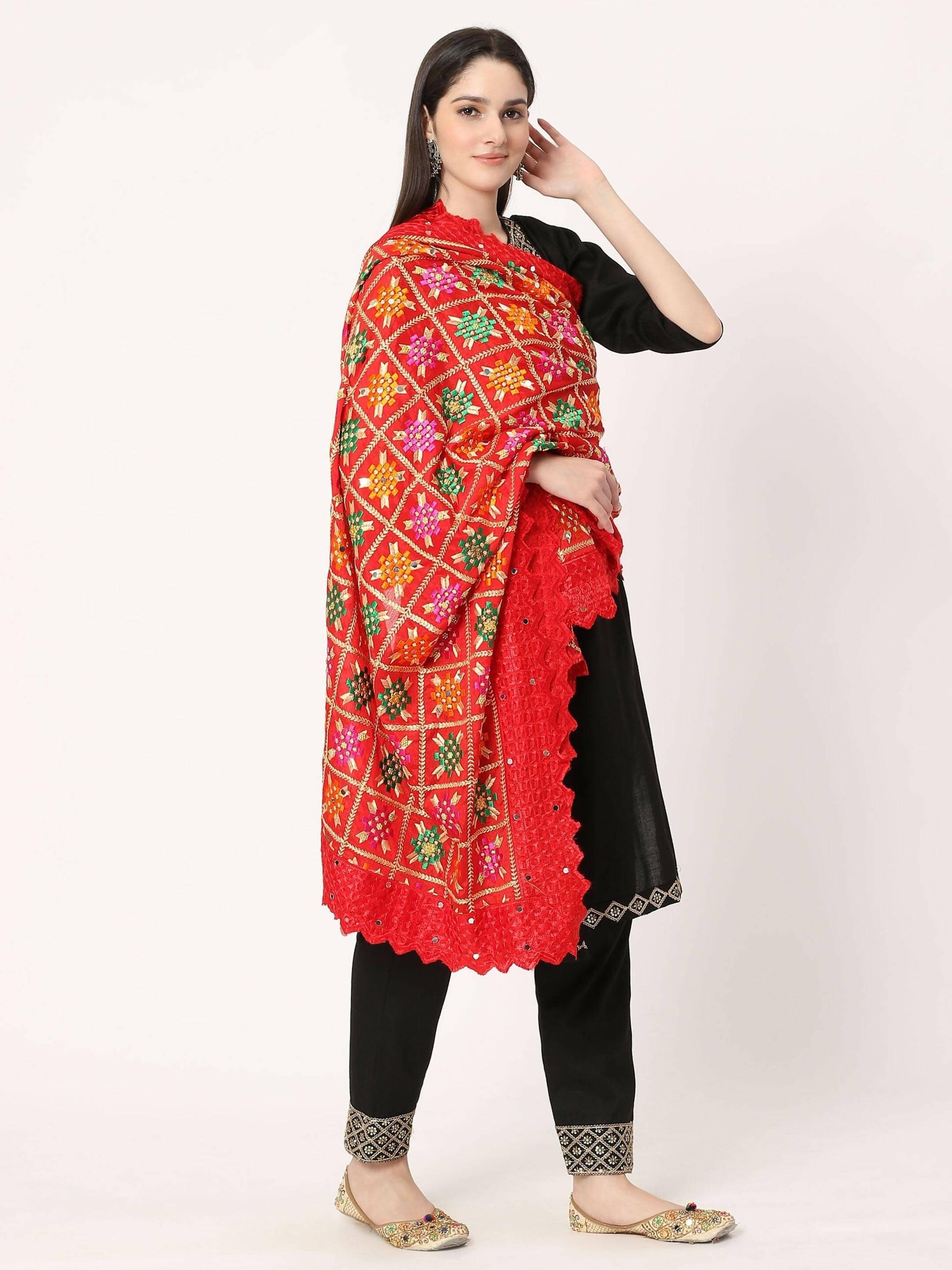 Red Multicolour Embroidery Phulkari Dupatta with Golden Beads - HalfPe