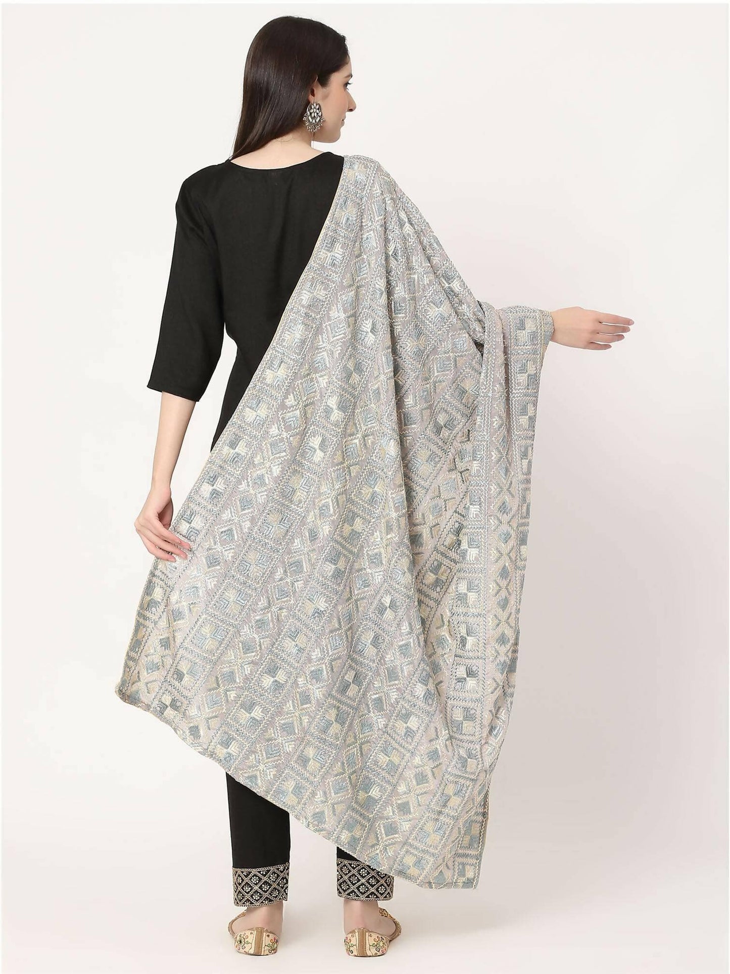 Grey and Off white Embroidery Phulkari Dupatta - HalfPe