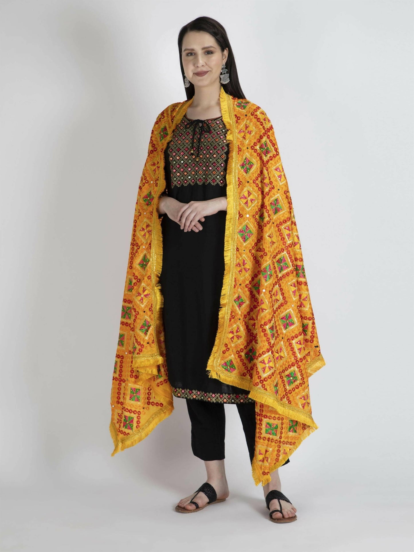 Yellow Phulkari dupatta with Heavy Lace (Multicolour designs) - HalfPe