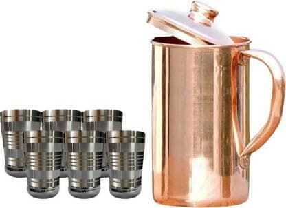 SHINI LIFESTYLE Pure Copper Jug with steel glass 6 pcs set of 7) - HalfPe