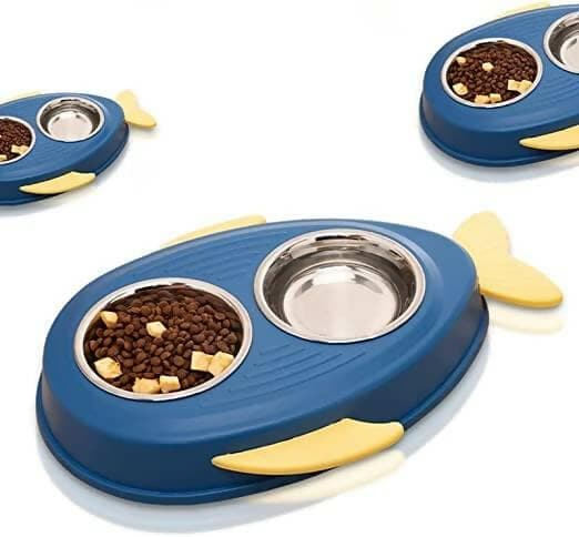 PetGains PGWC Pet Food Feeder Water Double Bowl Fish Eco PP (Blue) - HalfPe