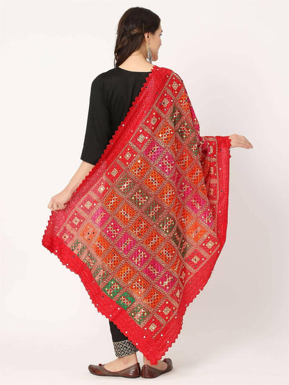 Red Multicolour check Design Embroidery Phulkari Dupatta with Mirror Work - HalfPe