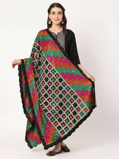 Black Multicolour Check Design Phulkari Dupatta - HalfPe