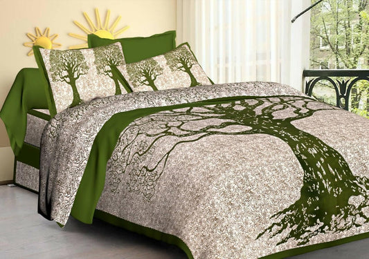 Jaipuri traditional Tribal Green Tree Design queen size cotton bedsheet with two pillow cover - HalfPe