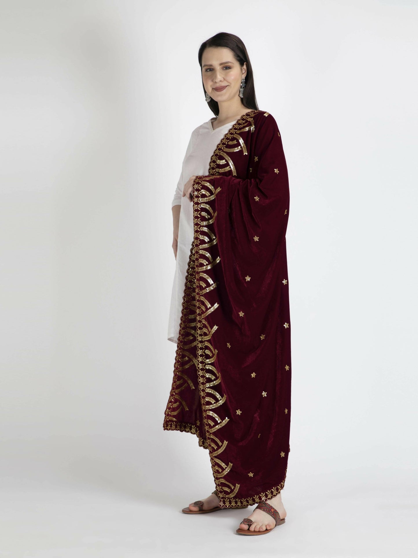 Embroidered Velvet Shawl Dupatta(Maroon) - HalfPe