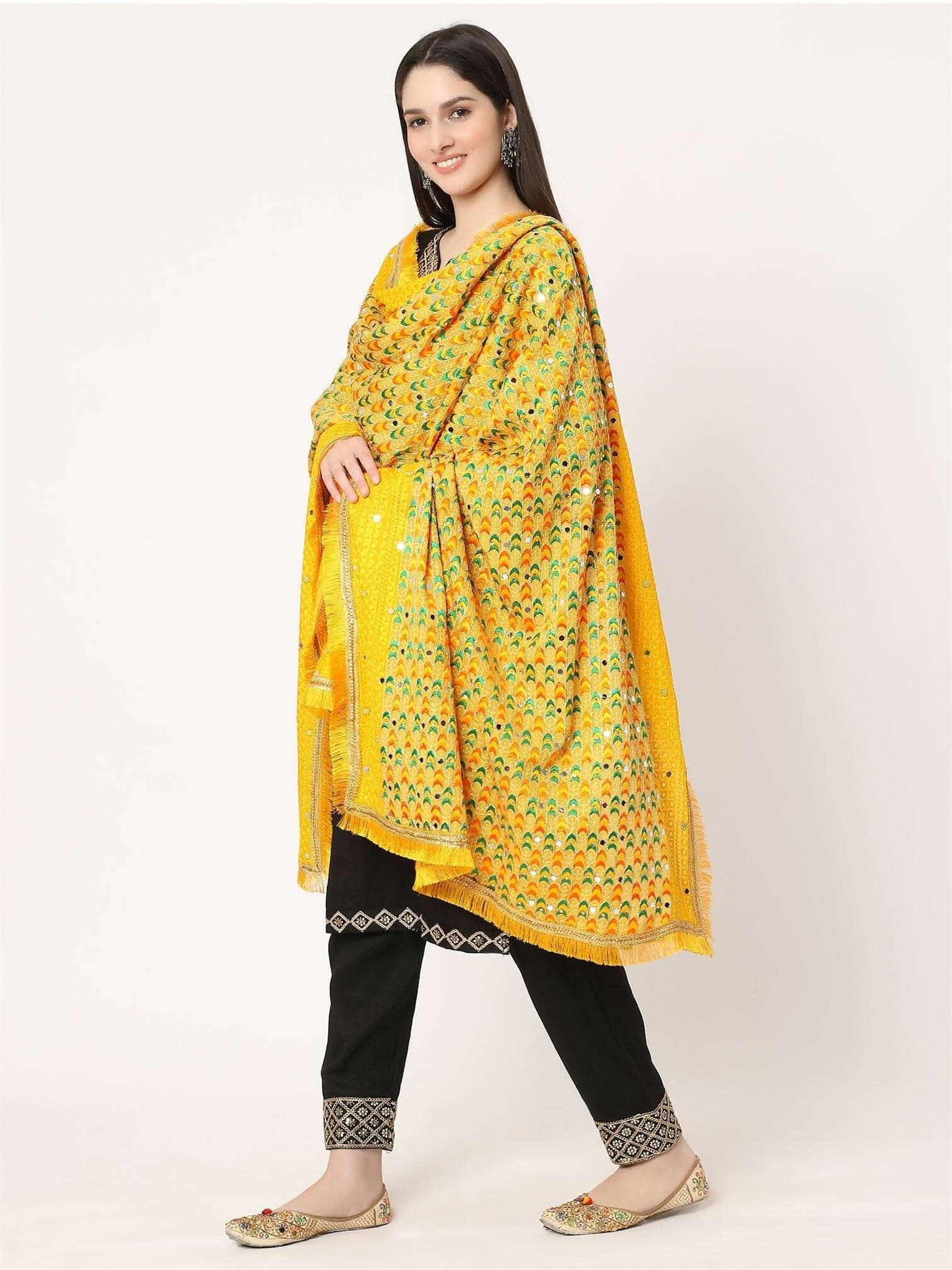 Yellow Multicolour Embroidery Dupatta with Beads - HalfPe