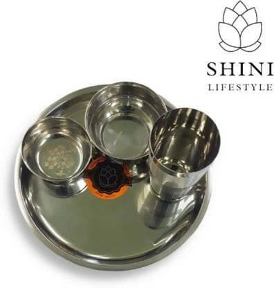 SHINI LIFESTYLE Stainless Steel Good Quality Mirror Finish dinner set (4 Dinner Plates, 4 Big bowl, 4 Small bowl, 4 Glass, pack of 16) - HalfPe