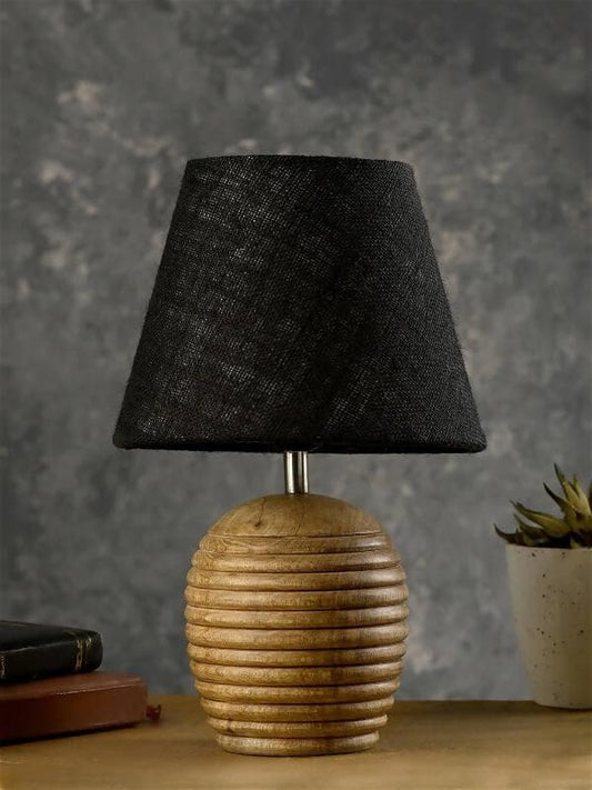 Striped Wooden Brown Lamp With Black Jute Shade - HalfPe