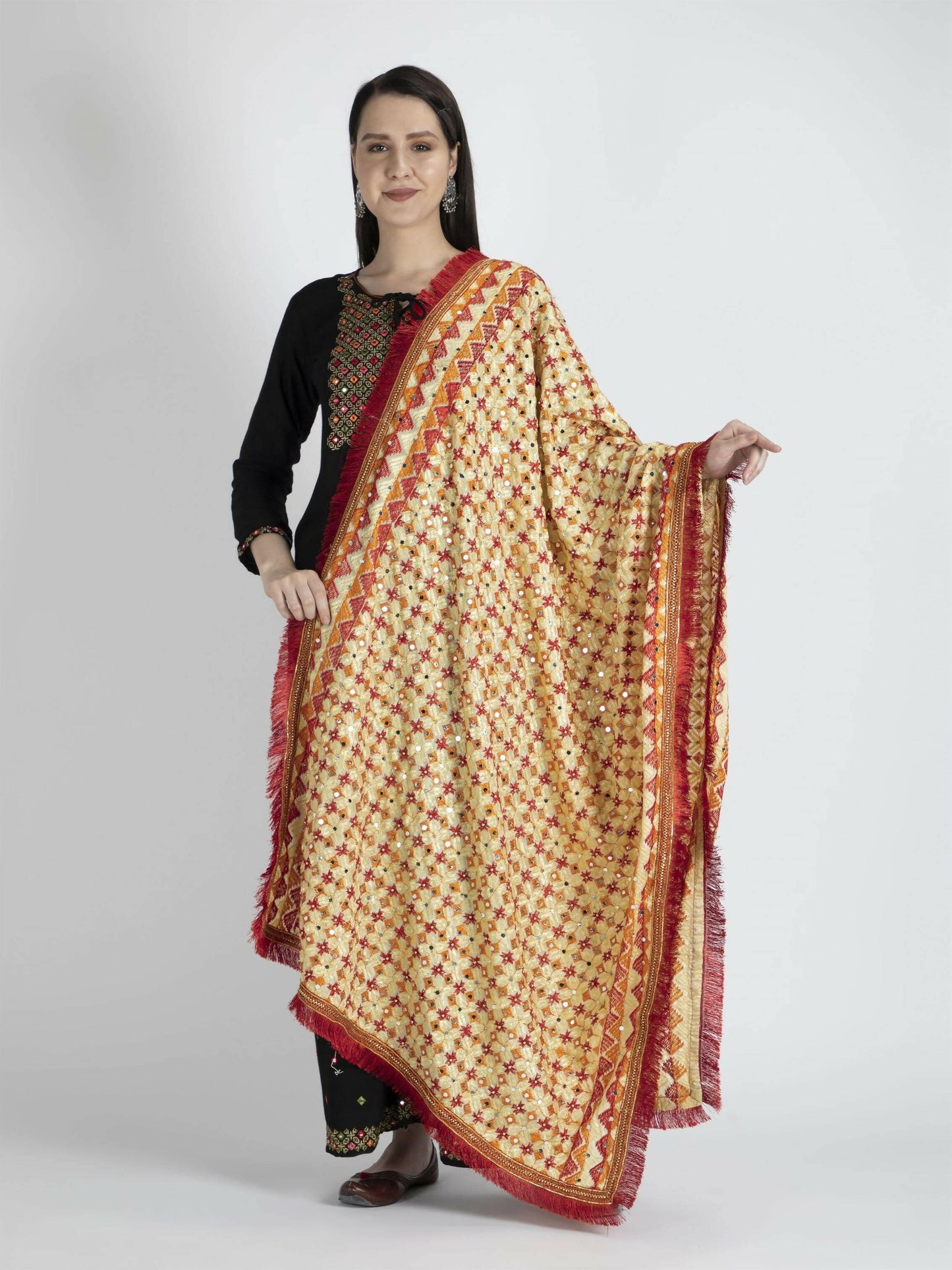 Phulkari Dupatta with Mirror Work (Beige Red) - HalfPe