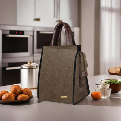 LOREM Linen Textured Insulated Tiffin Bag/Lunch Bag (Khaki) - HalfPe