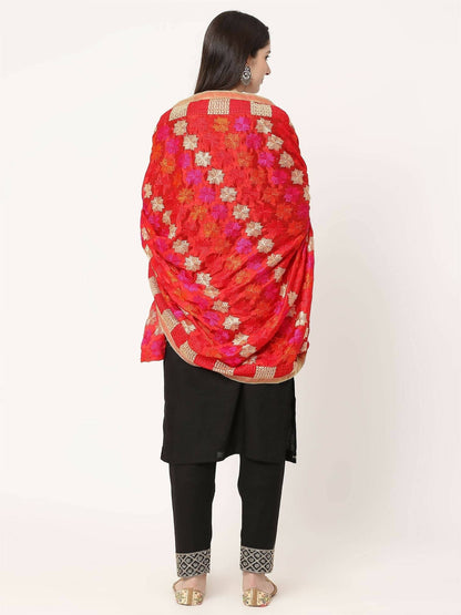 Red Mullticolour Embroidery Phulkari Dupatta - HalfPe