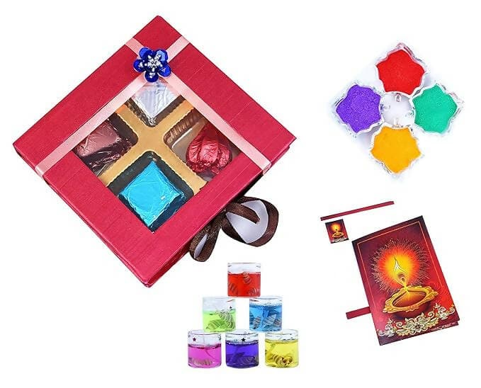 Mantouss Shubh Deepawali Chocolate Hamper + 2 Gel Filled Glass Candle, Diwali Greeting Card and Rangoli Colours - HalfPe