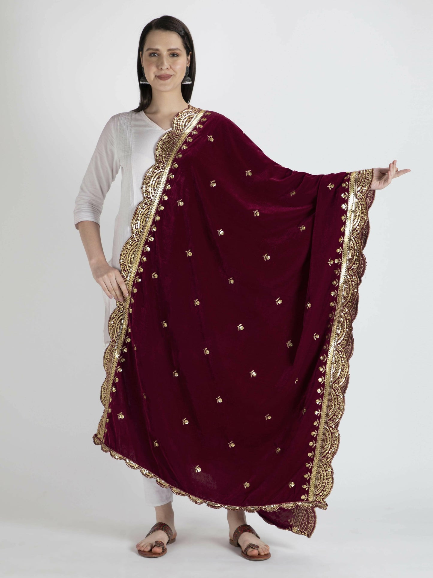 Maroon Embroidered Velvet Shawl Dupatta for women - HalfPe