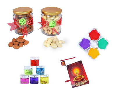 MANTOUSS Diwali Dry Fruit Decorative Glass Jar-Almond and Cashew(100gms Each),200 GMS + 2 Gel Filled Glass Candle, Diwali Greeting Card and Rangoli Colours - HalfPe