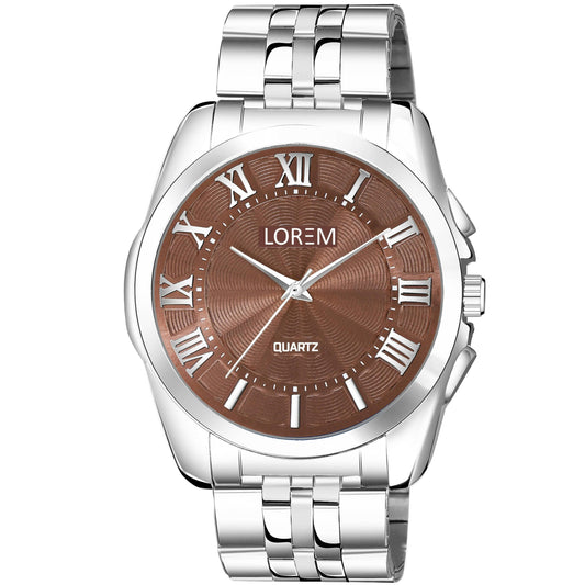 LOREM Brown 3D Roman Stainless Steel Analog Watch For Men LR127 - HalfPe