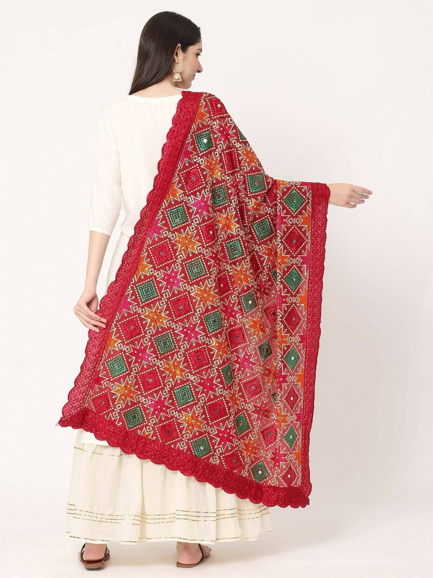 Maroon Multicolour Embroidery Phulkari Dupatta with Mirror Work - HalfPe