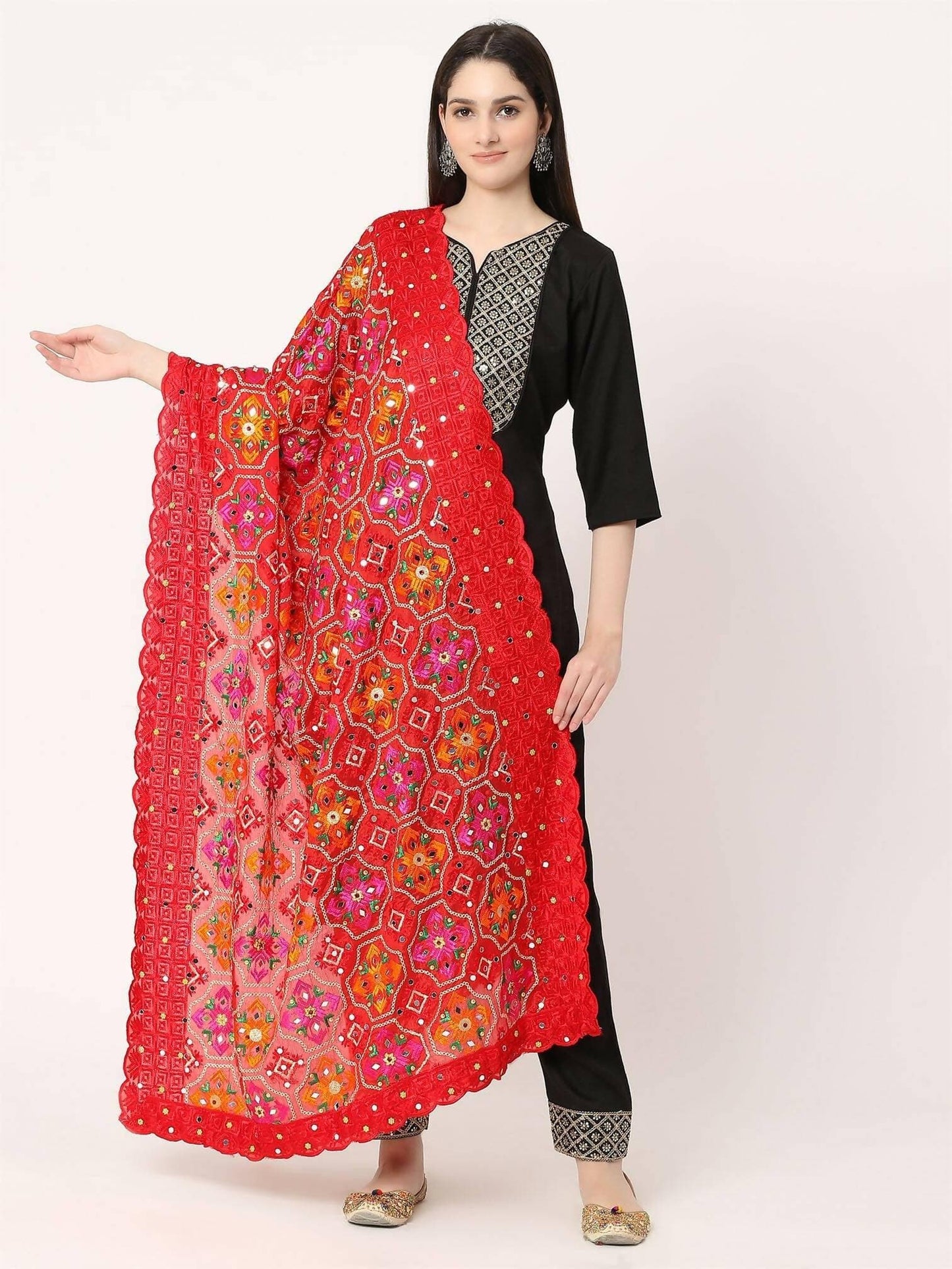 Red Multicolour Embroidery Phulkari Dupatta with Beads - HalfPe