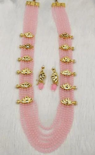 Lotus kundan brouch necklace with earrings (pink) - halfpeapp