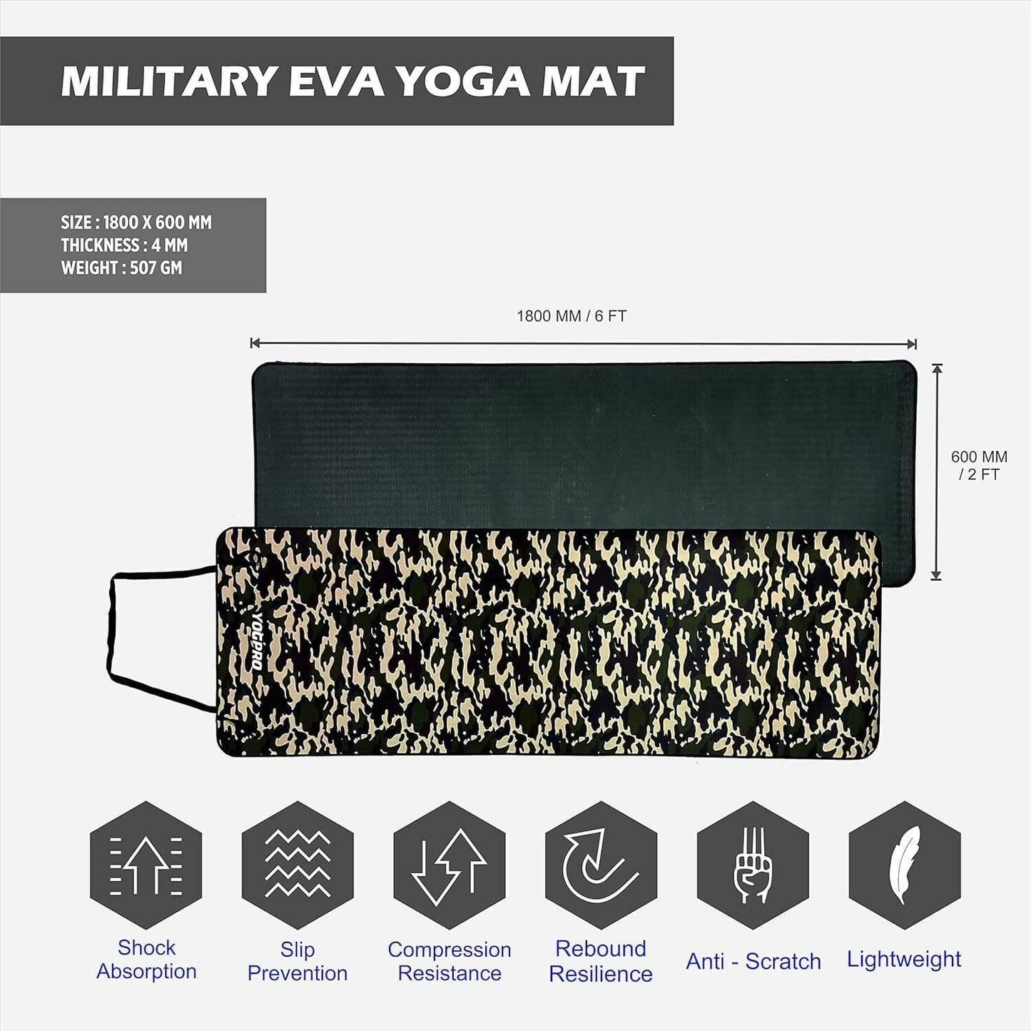 YOGPRO Camouflage Printed fabric Anti-Slip Eva Exercise Yoga Mat with Border Piping and In-built Strap, 4mm - HalfPe