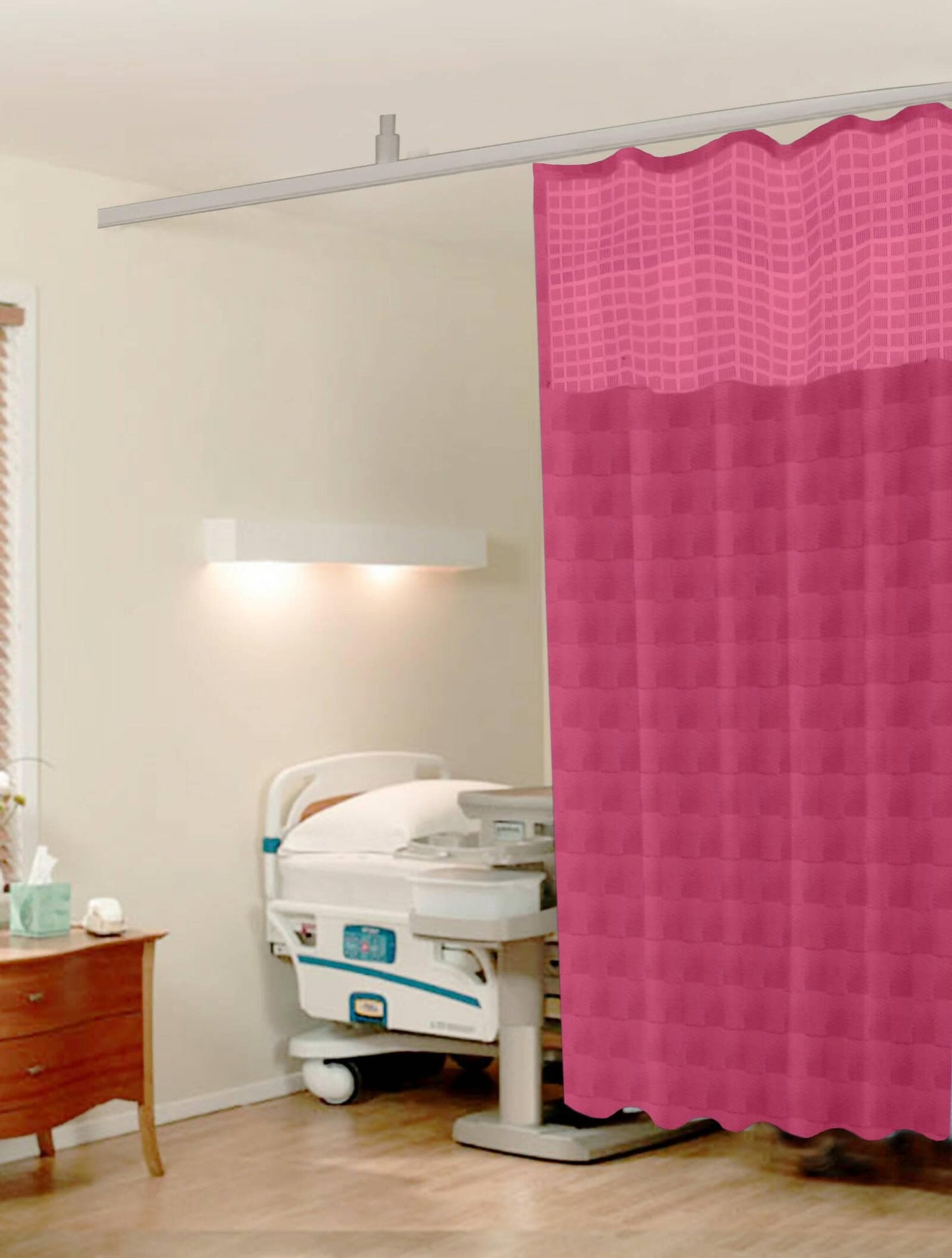 Hospital Partition Curtains, Clinic Curtains Size 4 FT W x 7 ft H, Channel Curtains with Net Fabric, 100% polyester 8 Rustfree Metal Eyelets and 8 Plastic Hook, Pink Checks Design, (4x7 FT) - HalfPe