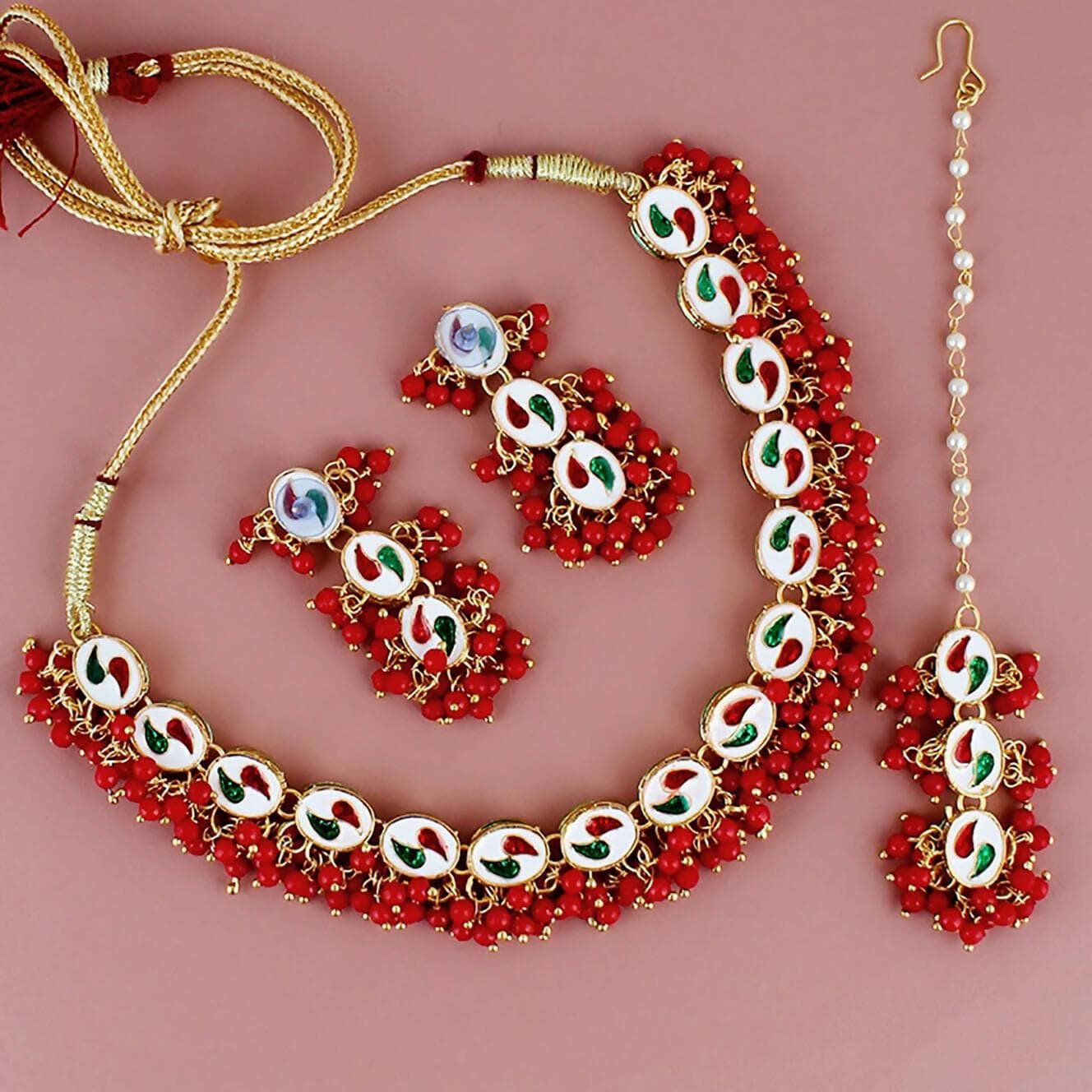 LUCKY JEWELLERY Back Meenakari 18k Gold Plated Red Color Tika Earring Combo Uncut Big Faux Kundan Choker Necklace set - HalfPe