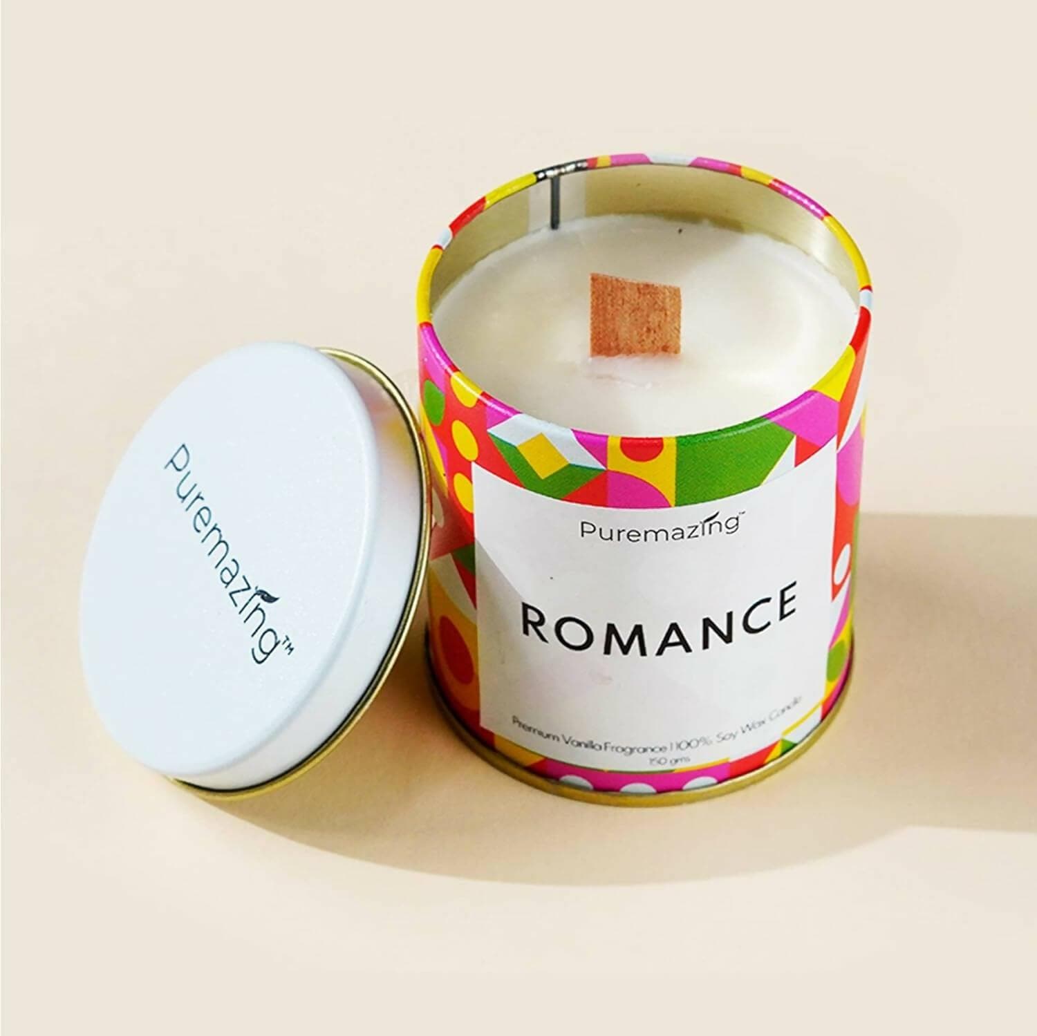 Puremazing Premium 100% Soy Wax Candle | Romance - Vanilla Fragranced Candle Tin Jar with Wooden Wick | Burning time of Upto 35 Hours | Soy Candles for Home Scented | Handmade Votive Candles - HalfPe