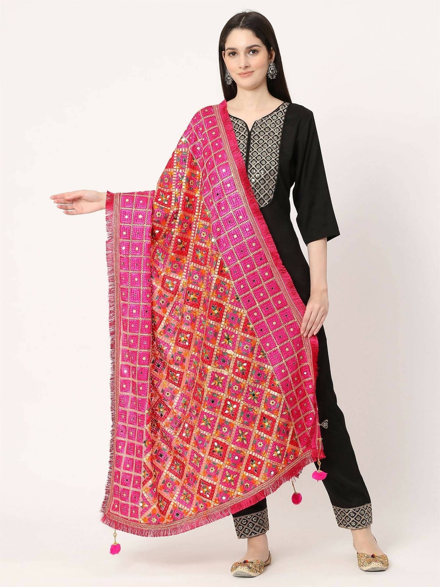 Magenta Mullticolour Embroidery Phulkari Dupatta with Mirror - HalfPe