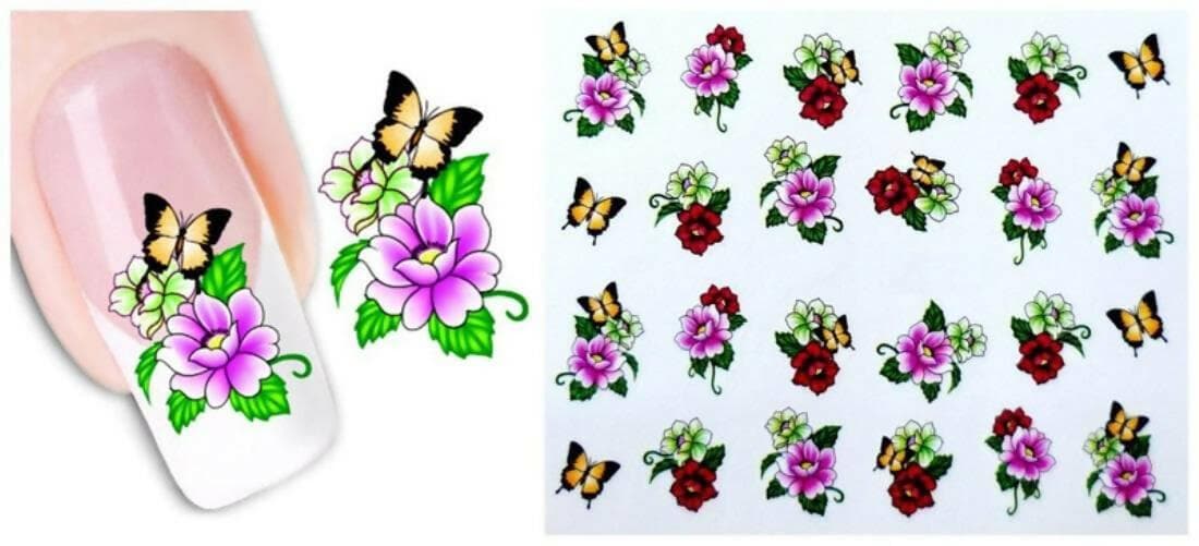 SENECIO Pink Rose Butterfly French Nail Art Manicure Decals Water Transfer Sticker (2 Sheets) - HalfPe