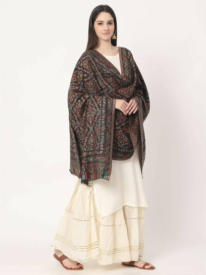 Black Wool Soft Multiweave Kani Stole for women - HalfPe