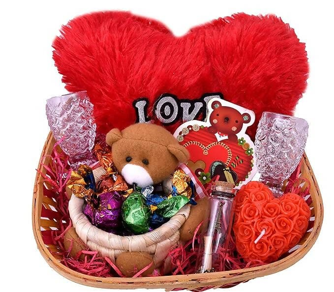 MANTOUSS Special Valentine Day Gift Hamper/Basket-Decorated Basket+Soft Teddy Bear Basket Filled with Chocolates+Heart Shaped Love Candle+2 Shot Glasses+Fur Love Heart+Love Message Bottle+ Love Card - HalfPe