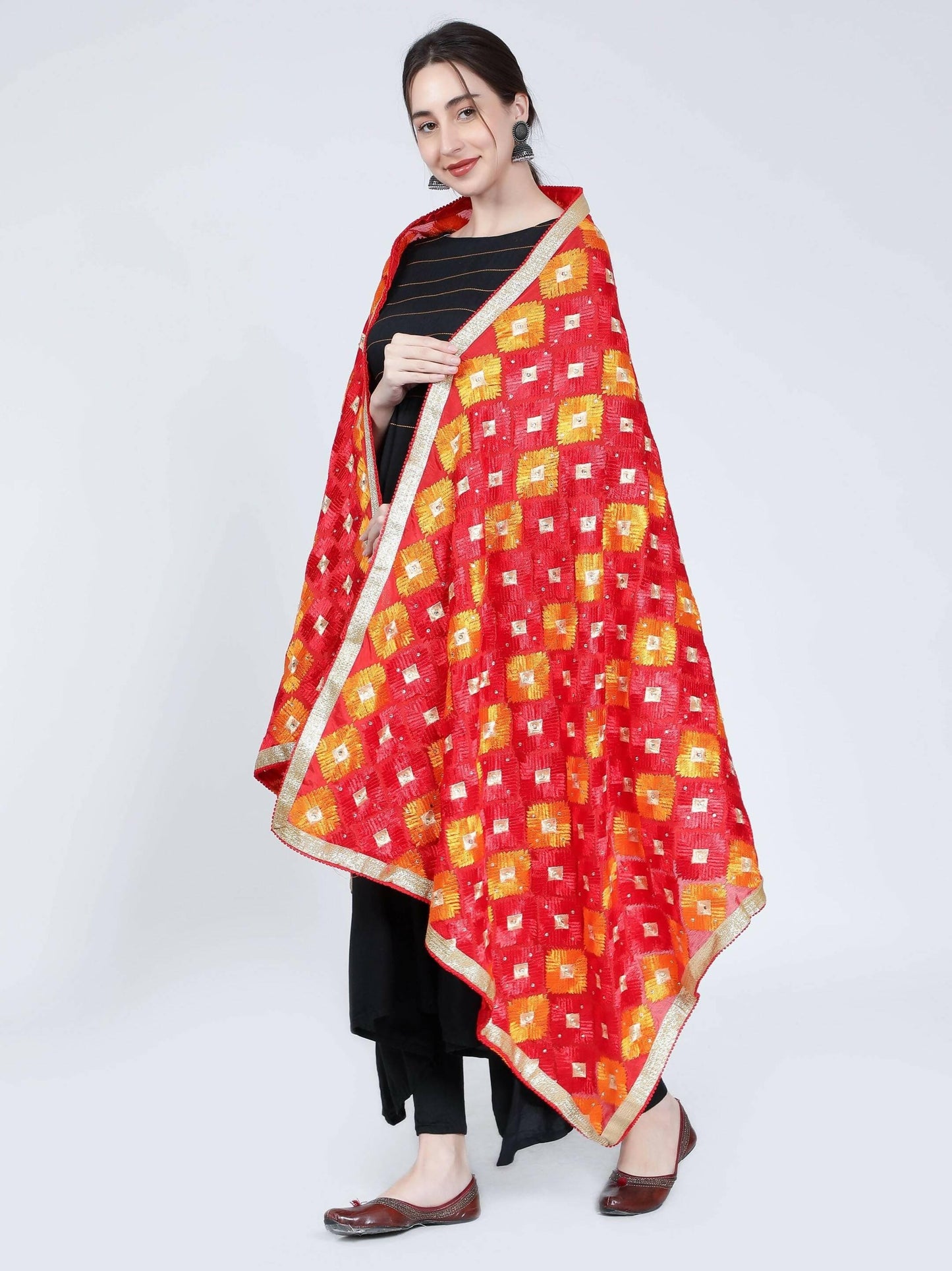 Multicolour Phulkari Dupatta (Red and Orange) - HalfPe