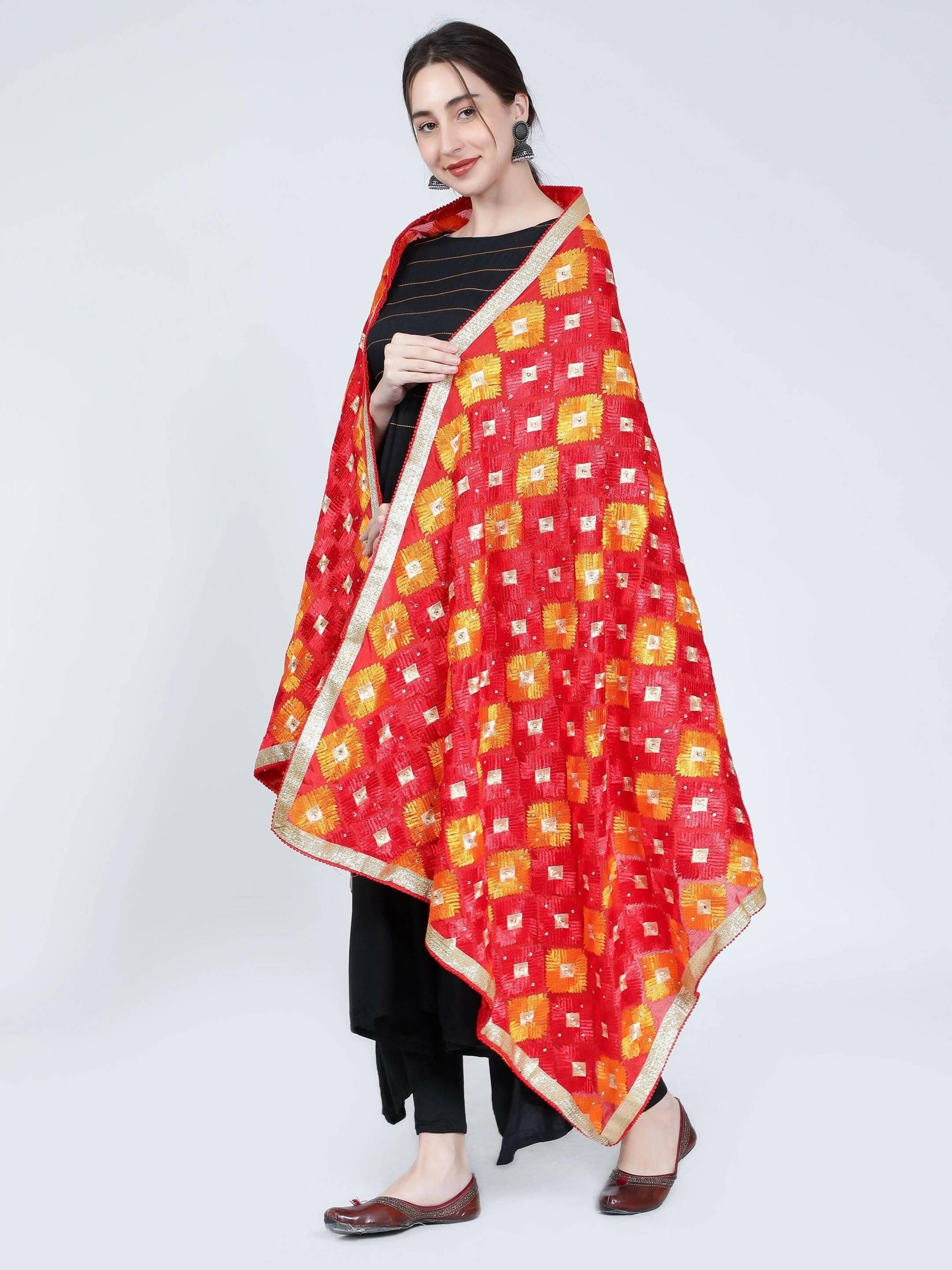 Multicolour Phulkari Dupatta (Red and Orange) - HalfPe