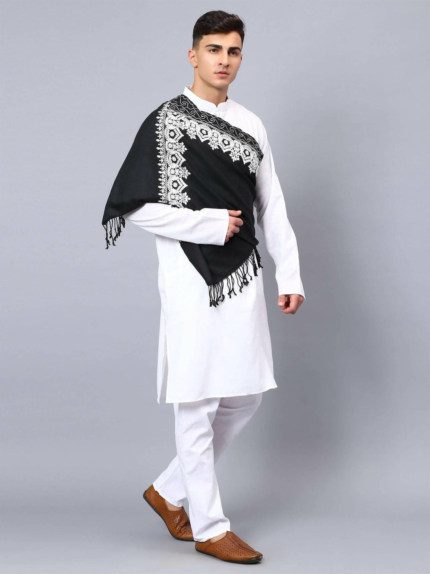 Black White Embroidered Stole - HalfPe