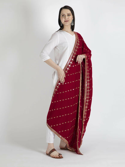 Red Embroidered Velvet Shawl Dupatta - HalfPe