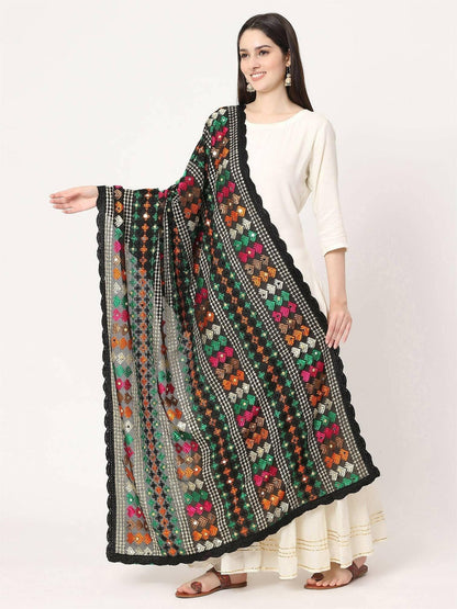 Black Multicolour Embroidery Phulkari Dupatta with Mirror Work - HalfPe