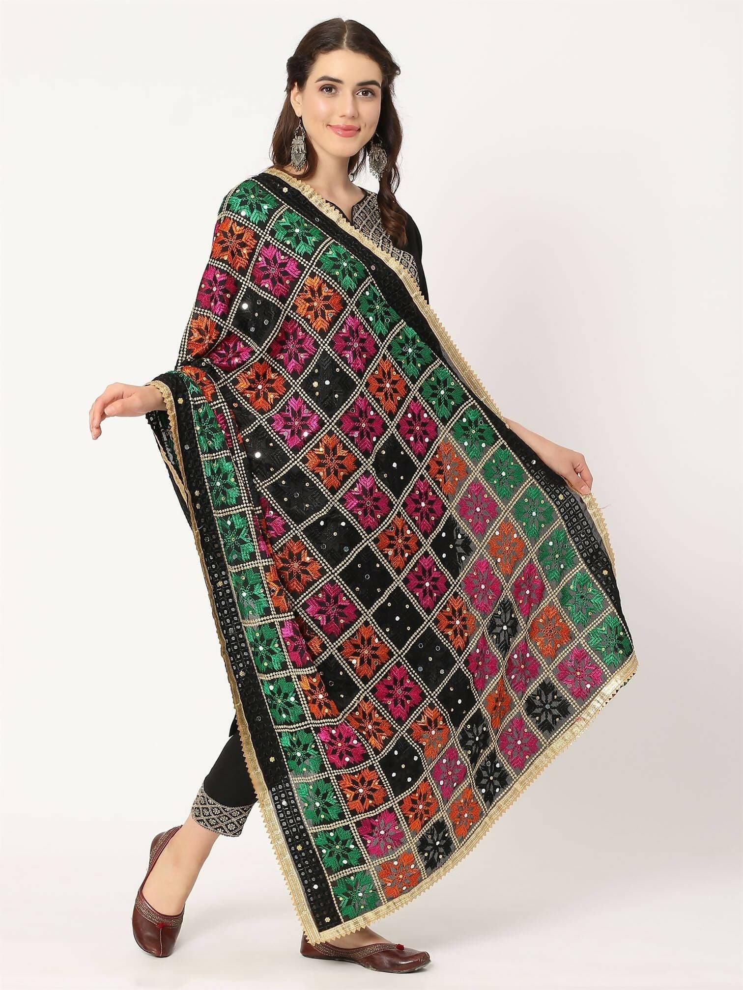 Black Multicolour Embroidery Phulkari Dupatta With Mirror Work - HalfPe