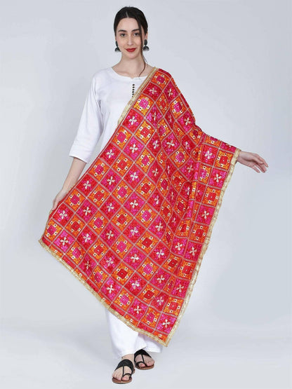 Multicolour Phulkari Dupatta (Magenta Orange Red) - HalfPe