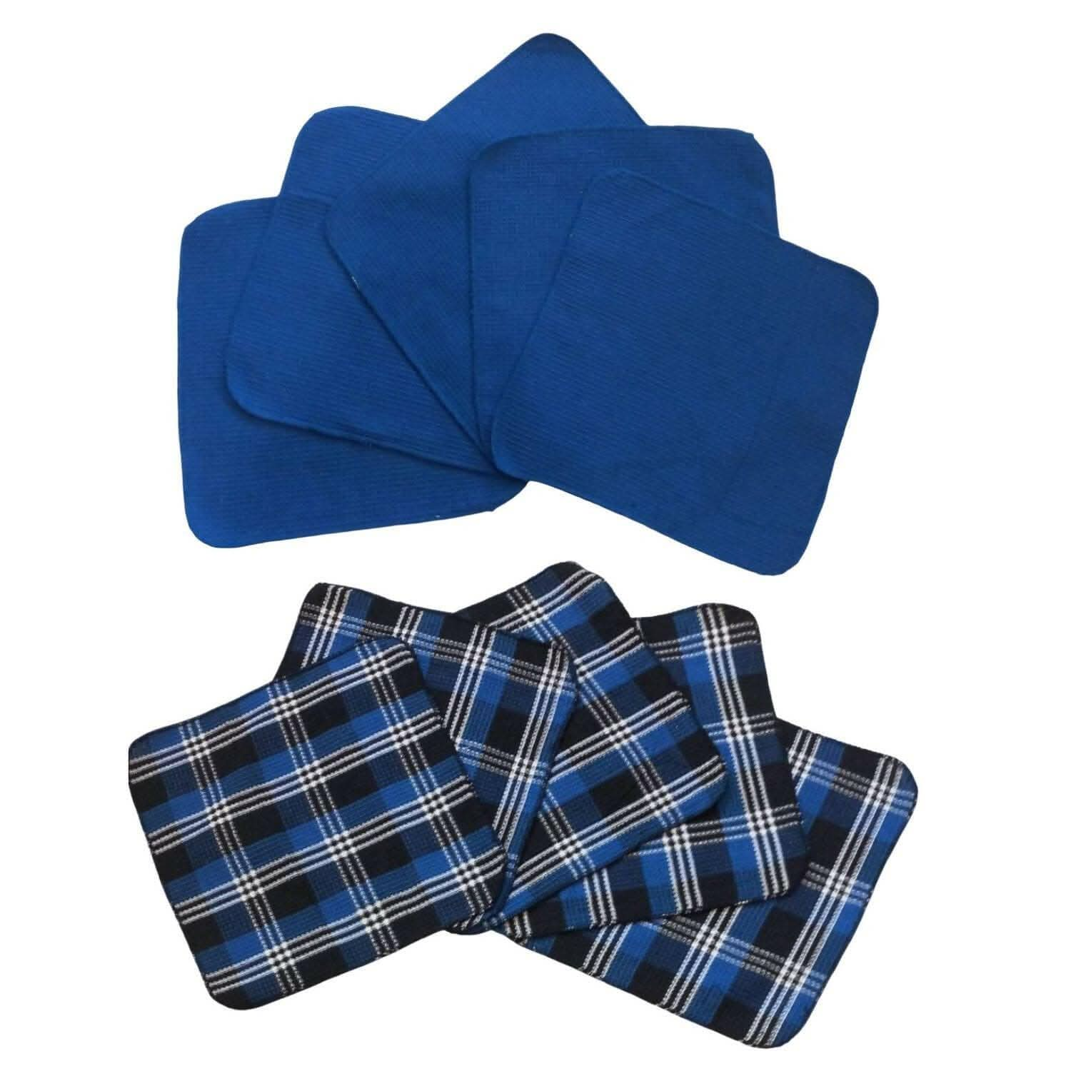 Lushomes Kitchen Cleaning Cloth, Waffle Cotton Dish Machine Washable Towels for Home Use, 5 Pcs Blue and Black Checks and 5 Pcs Plain Blue Combo, 12x12 Inches, 280 GSM (30x30 Cms, Set of 10) - HalfPe