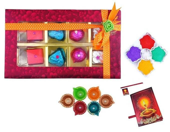 MANTOUSS Happy Diwali Chocolate Gift (Pink Decorative Box) + 4 Cute Diya, Diwali Greeting Card and Rangoli Colours - HalfPe