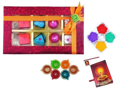 MANTOUSS Happy Diwali Chocolate Gift (Pink Decorative Box) + 4 Cute Diya, Diwali Greeting Card and Rangoli Colours - HalfPe