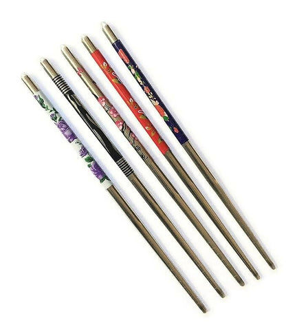 SENECIO Metal Bun/Juda Stick Floral Geometric Printed Colorful Chopstick Hair Stick (Multicolor, Pack Of 5) - HalfPe