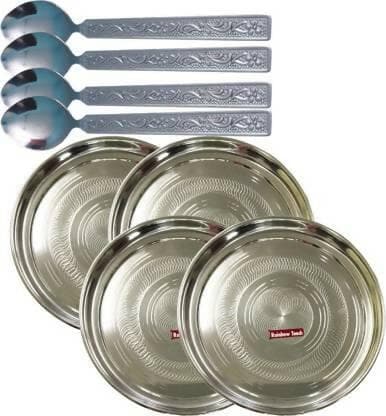 SHINI LIFESTYLE Steel Plate, Heavy gauge, laser design, 30cm Dinner Plate 4pcs with Spoon Set Dinner Plate (Pack of 8) - HalfPe