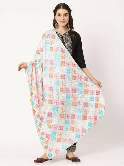 White Mullticolour Embroidery Phulkari Dupatta with Beads - HalfPe